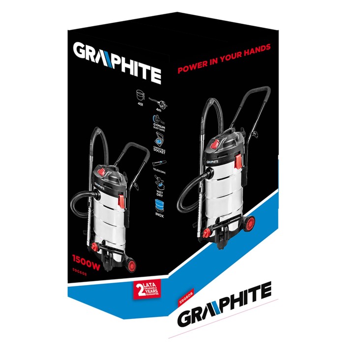 Пылесос промышленный GRAPHITE 59G608, 1500 Вт, 40 л, 18 кПа, d=35 мм, 4 м