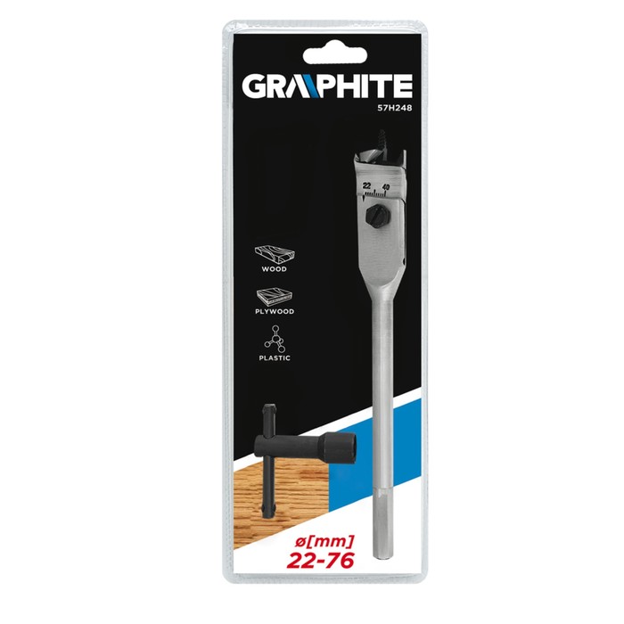 Сверло по дереву перовое GRAPHITE 57H248, регулируемое, 22-76 мм, 150 мм