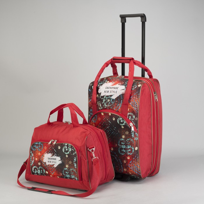 Чемодан малый с сумкой, отдел на молнии, наружный карман, принт узоры