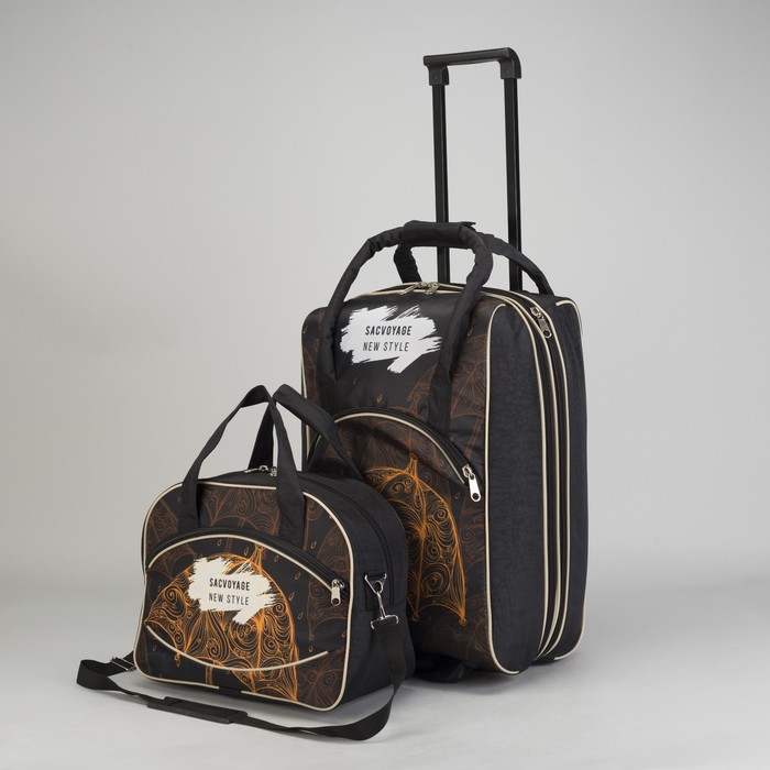 Чемодан малый с сумкой, отдел на молнии, наружный карман, цвет чёрный