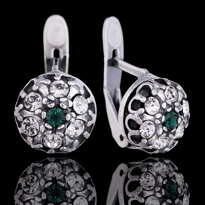 Серьги "Малинка", цвет зелёный в чернёном серебре