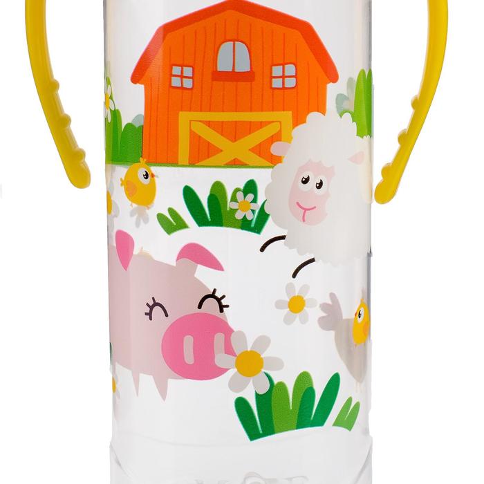 Бутылочка для кормления «Весёлая ферма» детская классическая, с ручками, 250 мл, от 0 мес., цвет жёлтый