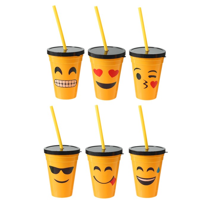 Стакан пластиковый "Смайл" с крышкой и трубочкой, 350 мл, виды МИКС