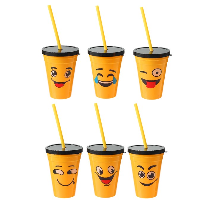 Стакан пластиковый "Смайл" с крышкой и трубочкой, 350 мл, виды МИКС