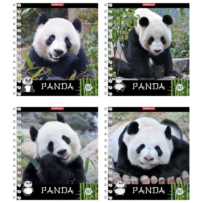 Тетрадь 80 листов клетка на гребне "Панды", картонная обложка, микс