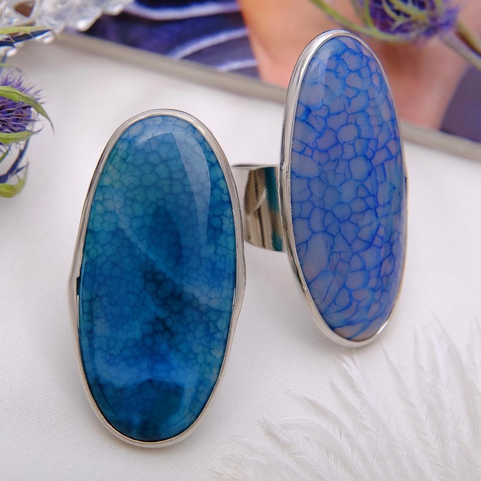 Кольцо безразмерное "Агат" овал, цвет синий
