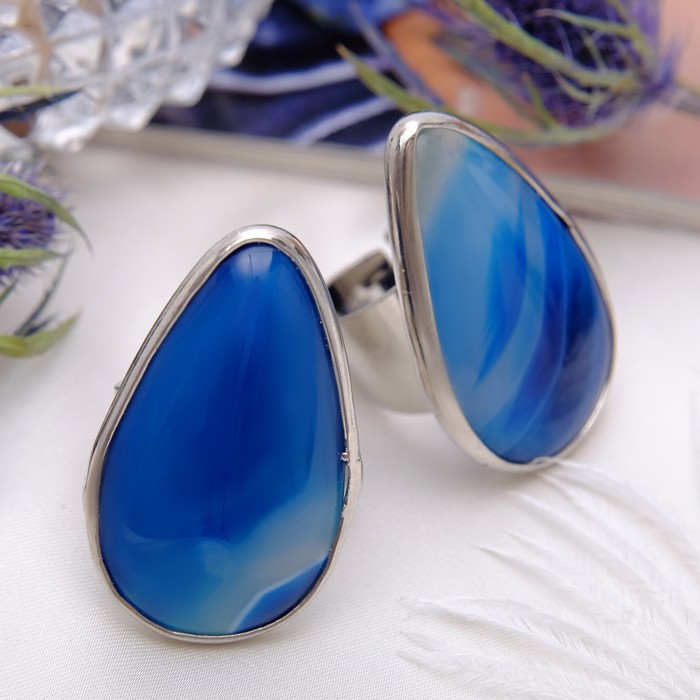Кольцо безразмерное "Агат" капля, цвет синий