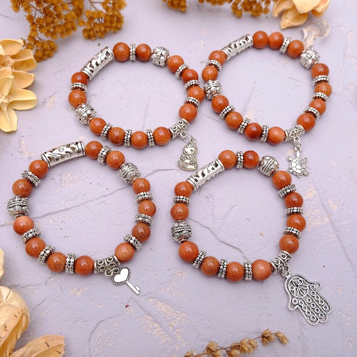 Браслет шар №10 с металлической подвеской "Авантюрин коричневый"