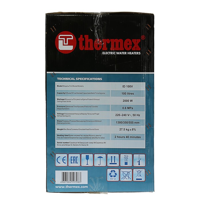 Водонагреватель THERMEX ID100V, накопительный, 100 л, 2000 Вт, нерж. бак, серый