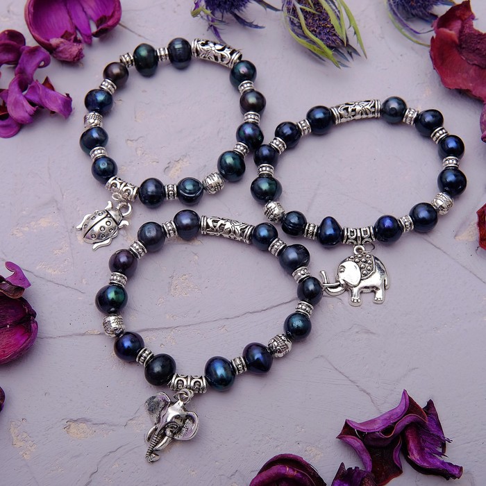 Браслет шар №10  с подвеской "Жемчуг речной", форма МИКС, цвет черный