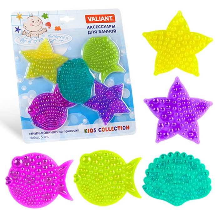 Набор мини-ковриков для ванной комнаты 5 шт КРИСТАЛЬНЫЙ МИКС на присосах