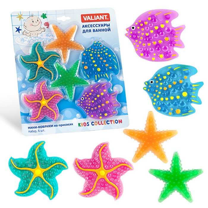 Набор мини-ковриков для ванной комнаты 6 шт ЗВЁЗДОЧКИ И РЫБКИ на присосах, цвет МИКС