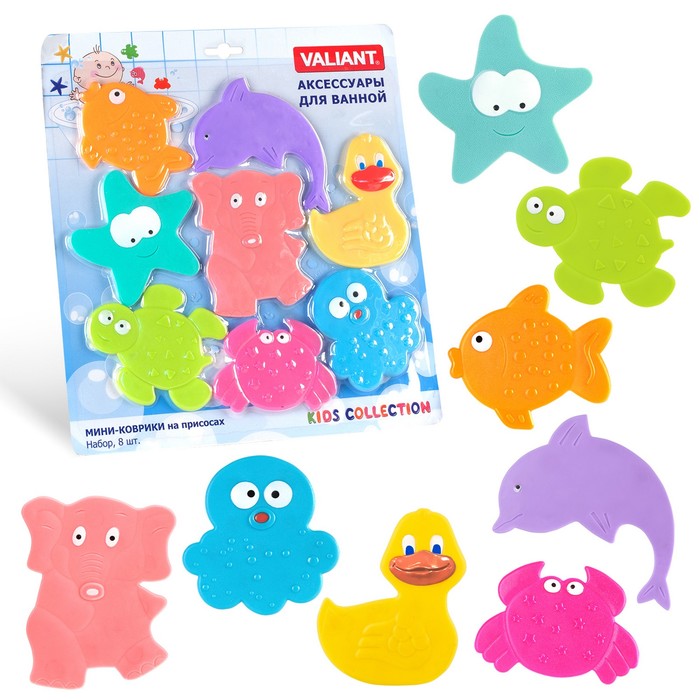 Набор мини-ковриков для ванной комнаты 8 шт МАКСИМИКС ДРУЗЬЯ СЛОНА на присосах