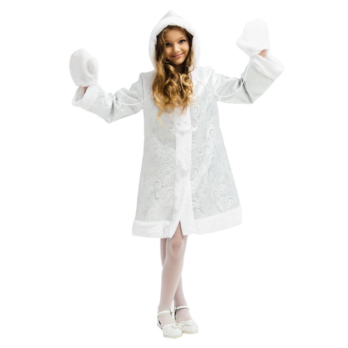 Карнавальный костюм "Снегурочка с капюшоном" серебро, шуба с капюшоном, рост 134 см