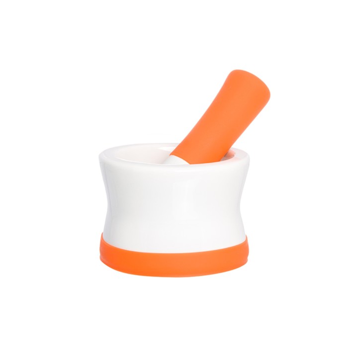 Ступка "Оранжевая" 11,5 х 11,5 х 8 см., с силиконовой ножкой-подставкой, пестик с силиконовой ручкой