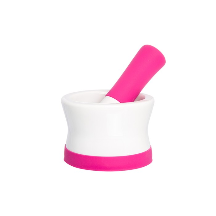 Ступка "Ярко - розовая" 11,5 х 11,5 х 8 см., с силиконовой ножкой-подставкой, пестик с силиконовой р