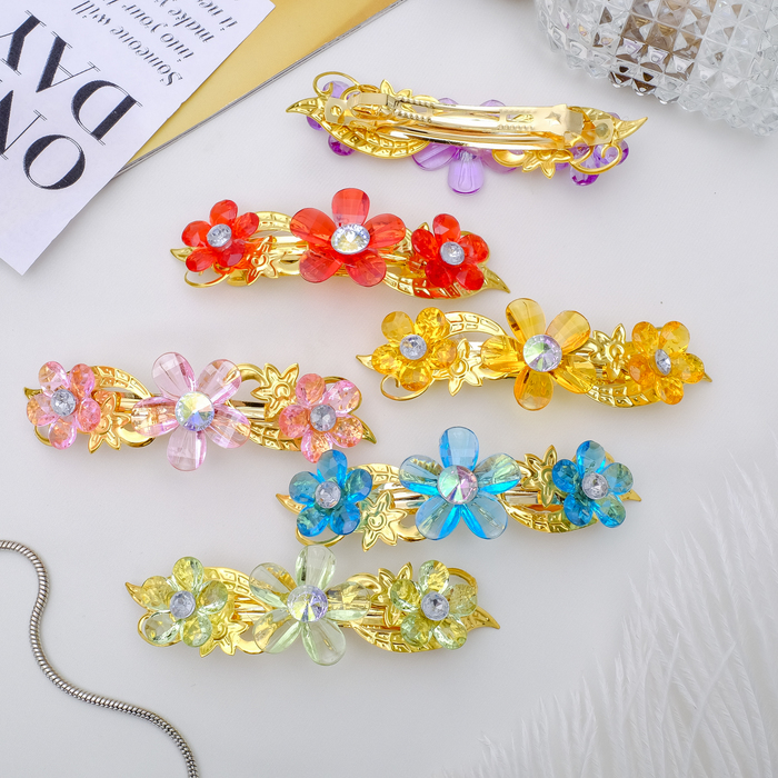 Заколка-автомат "Три цветка" резной, микс