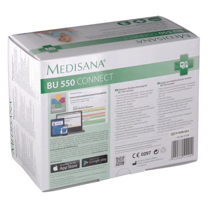 Тонометр автомат. Medisana BU 550 Connect, от батареек 4хААА, размер манжеты 22-42 см