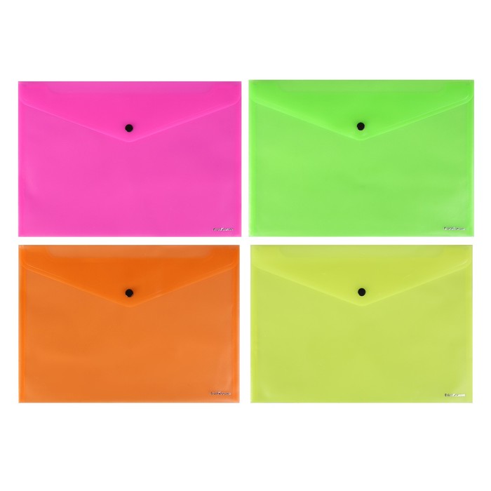 Папка-конверт на кнопке А4, ErichKrause Fizzy Neon, вместимость 100 листов, полупрозрачная, 140 мкм, микс