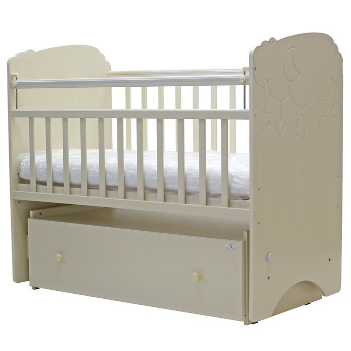 Кроватка  детская "СОФЬЯ" (облака). маятник , ящ. на кол.,  120 x 60 см  (слоновая кость)
