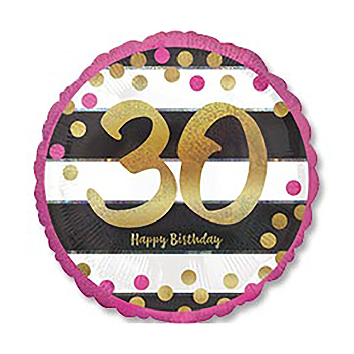 Шар фольгированный 18" Happy Birthday "30", полосы чёрно-белые, 1 шт.