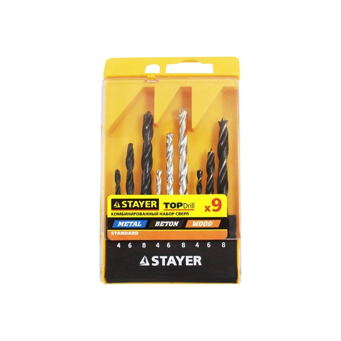 Набор сверл STAYER &quot;STANDARD&quot;, комбинированные, d=4-6-8 мм, дерево/металл/бетон, 9 шт