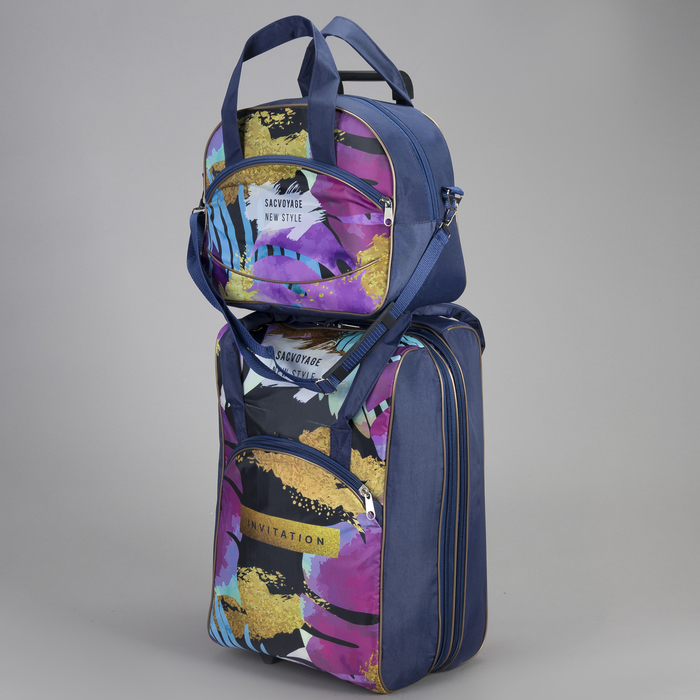 Чемодан малый с сумкой "Цветные тропики", отдел на молнии, наружный карман