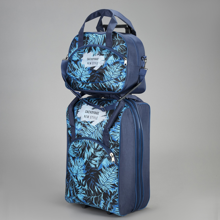 Чемодан малый с сумкой "Листья", отдел на молнии, наружный карман, цвет бирюзовый