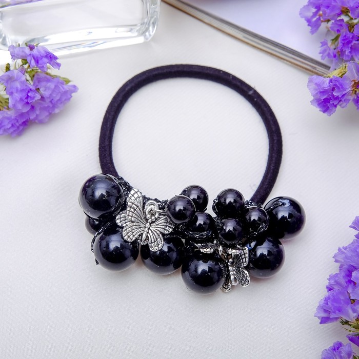 Резинка для волос "Бабочки в жемчуге" чёрный