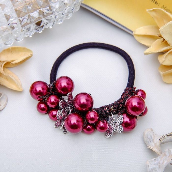 Резинка для волос "Бабочки в жемчуге" бордовый