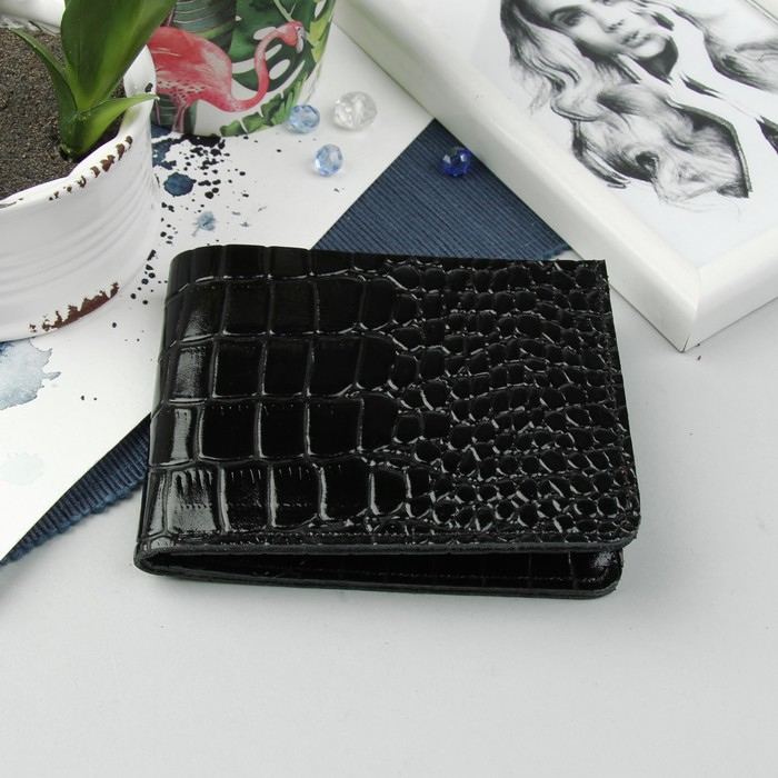 Портмоне женское, 2 отдела, для карт, крокодил, цвет чёрный