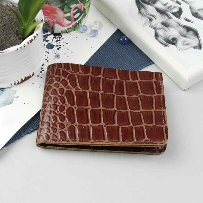 Портмоне женское, 2 отдела, для карт, крокодил, цвет коричневый