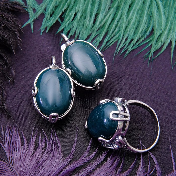Гарнитур посеребрение 2 предмета: серьги, кольцо, овал в металле "Агат моховой", 18 р-р