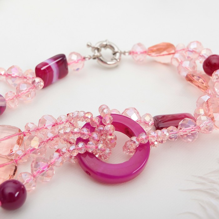 Бусы 3 яруса с кольцами "Агат с хрусталем", цвет розовый, 65см