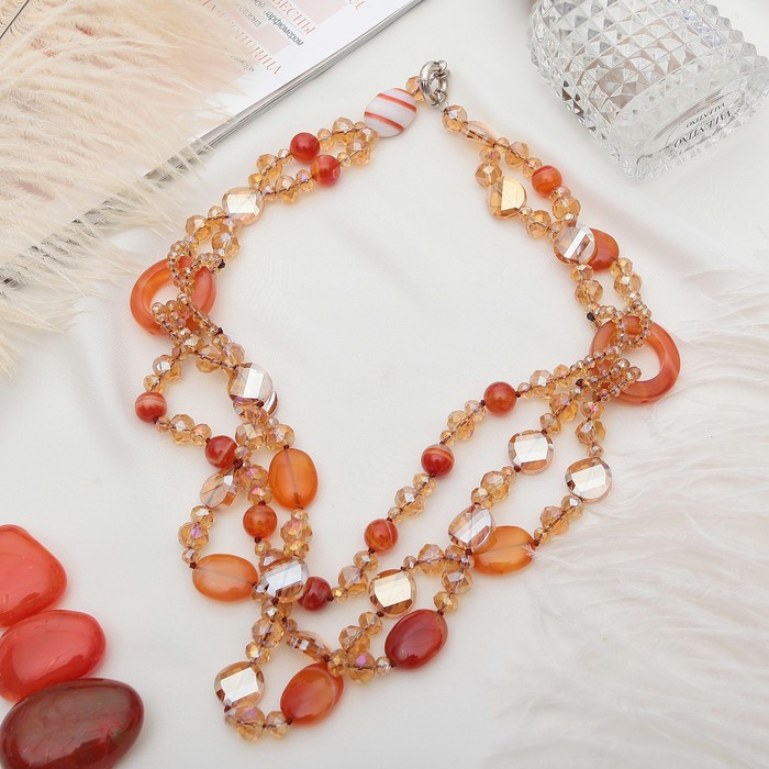 Бусы 3 яруса с кольцами "Агат с хрусталем", цвет оранжевый, 65см
