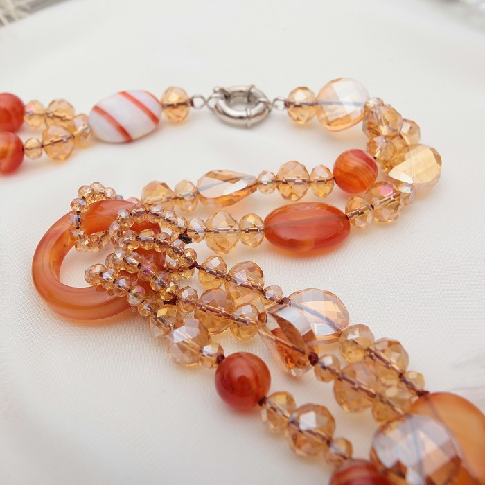 Бусы 3 яруса с кольцами "Агат с хрусталем", цвет оранжевый, 65см
