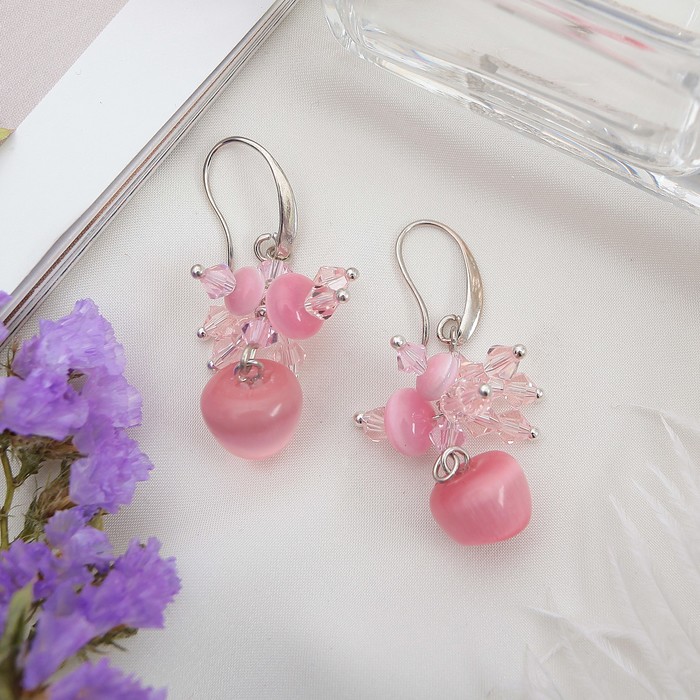 Серьги "Кошачий глаз" грозди, цвет розовый