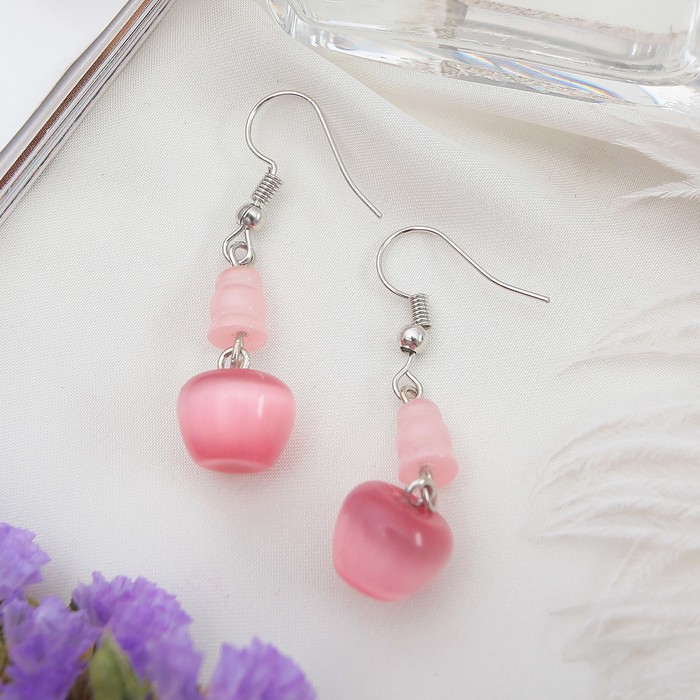 Серьги "Кошачий глаз" груша, цвет розово-сиреневый