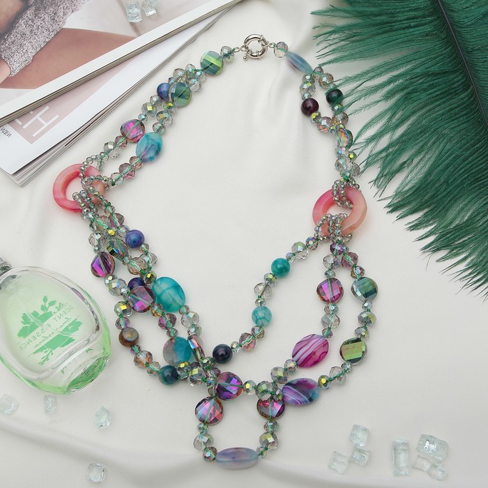 Бусы 3 яруса с кольцами "Агат с хрусталем", цветные, 65см