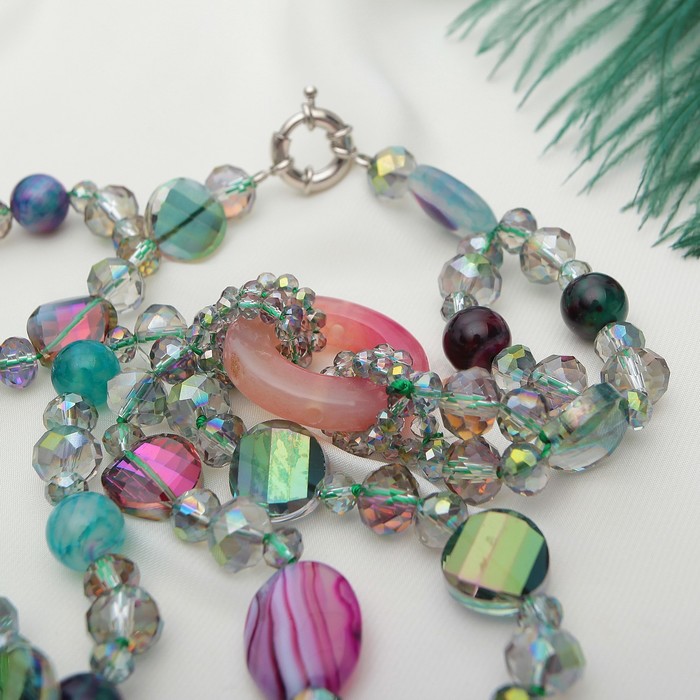Бусы 3 яруса с кольцами "Агат с хрусталем", цветные, 65см