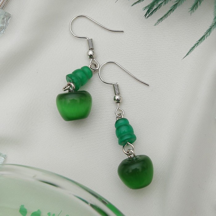 Серьги "Кошачий глаз" груша, цвет зеленый