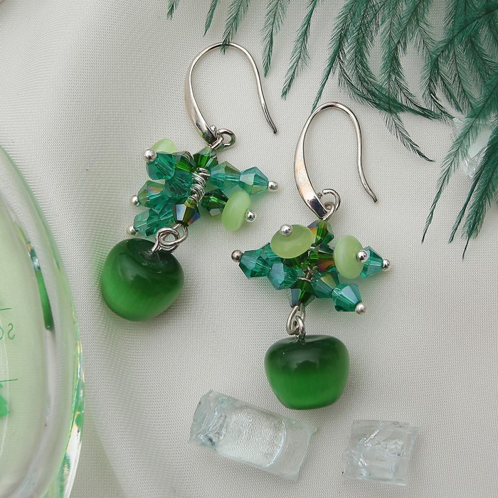 Серьги "Кошачий глаз" грозди, цвет зеленый