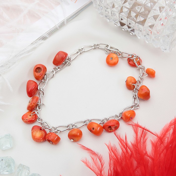 Браслет галтовка на цепочке "Коралл оранжевый"