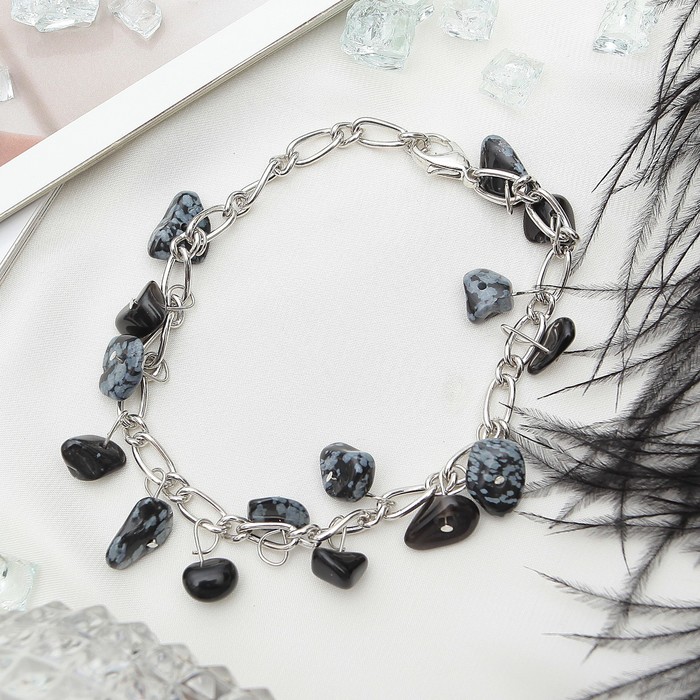 Браслет галтовка на цепочке "Обсидиан"