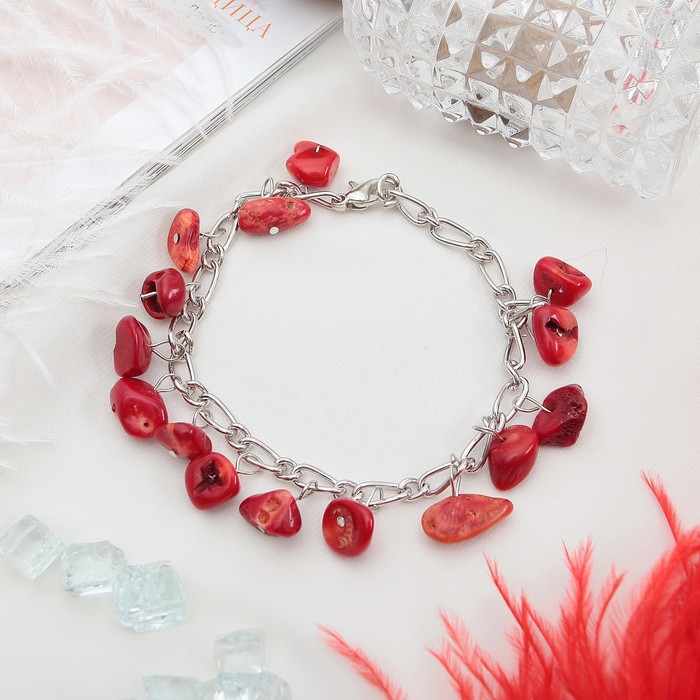 Браслет галтовка на цепочке "Коралл красный"