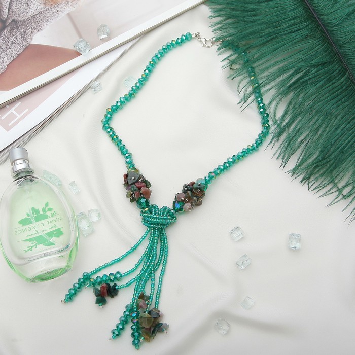 Бусы-галстук с хрусталем "Яшма зеленая"