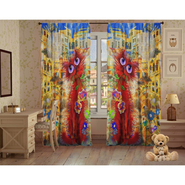 Комплект штор "Красный кот", размер 145х267 см-2 шт., сатэн