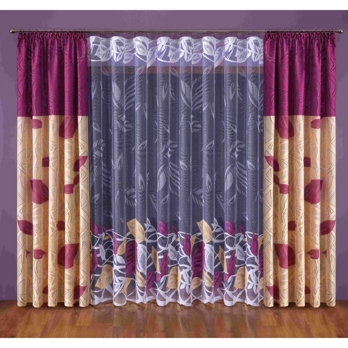 Комплект штор, размер 145х250 см-2 шт., тюль 250х600 см, бордо/крем