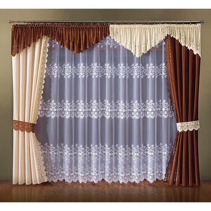 Комплект штор, 145х250 см-2 шт., тюль 250х400 см, ламбрекен 50х800 см, крем
