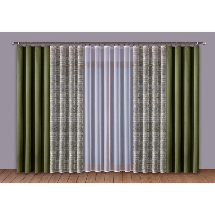 Комплект штор, 140х250 см-2 шт., тюль 200х250 см, 130х250 см-2 шт., зелёный